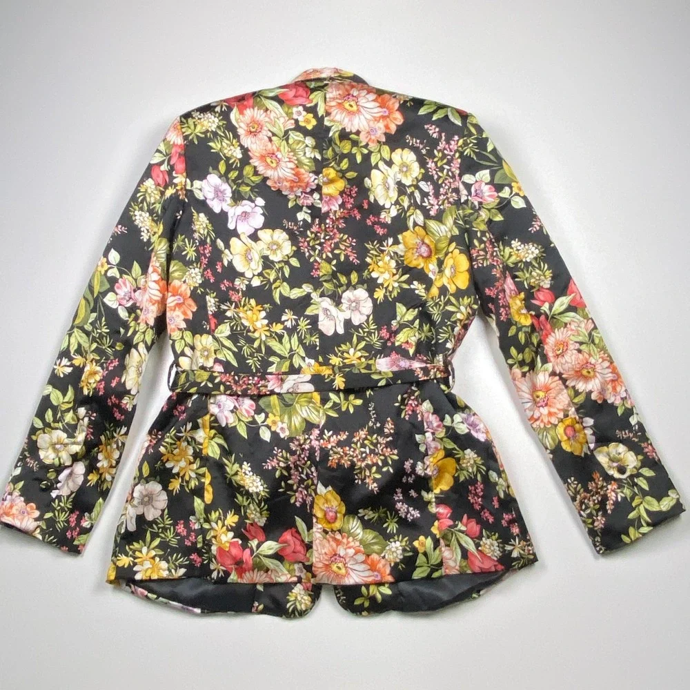 Yes Please Floral Belted Satin Blazer Size S Tie Closure Office to Drinks Jacket